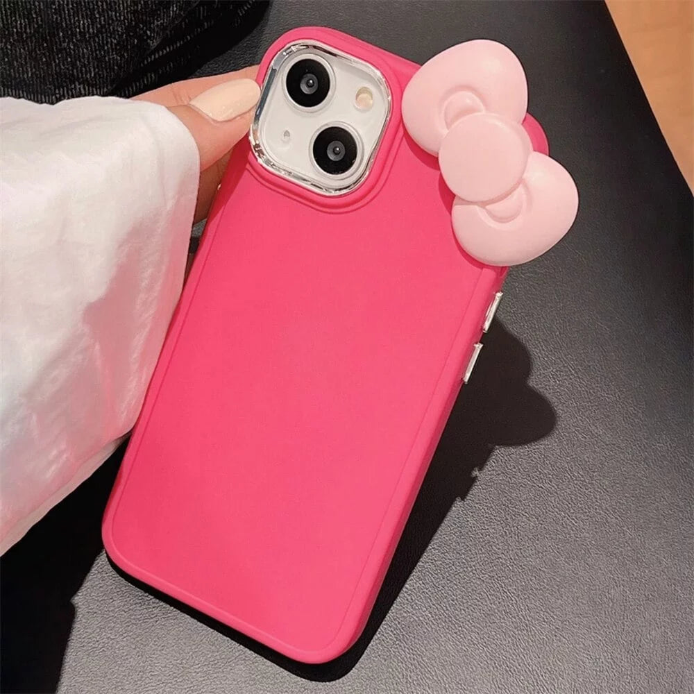 Cute 3D Pink Bow Silicone Phone Case for iPhone 15 14 13 12 11 Pro Max X XR – Soft Shockproof Solid Color Protective Cover