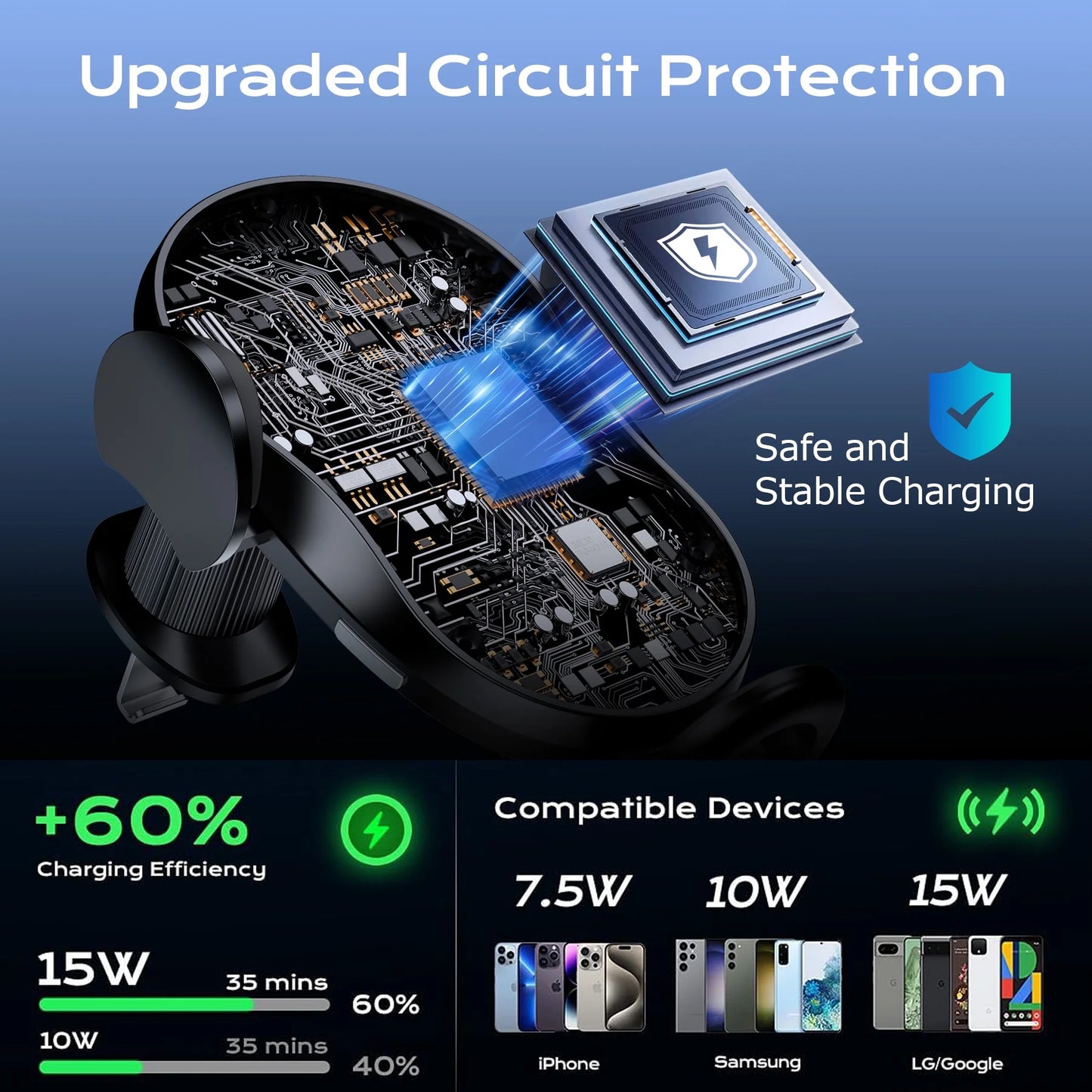 15W Auto-Clamping Wireless Car Charger Mount – Qi Fast Charging Air Vent Phone Holder for iPhone 16/15/14/13/12/11 & Samsung Galaxy S23/S22/S21/S10/S9/S8 Series