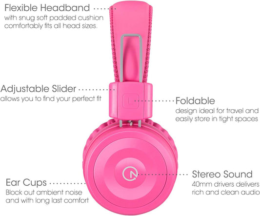 Kids Wired Headphones K22 – Foldable On-Ear Headset with 5ft Tangle-Free Cord, 3.5mm Jack, Stereo Sound – Compatible with iPad, Kindle Fire, Laptop, Tablet, School & Travel – Flamingo Pink