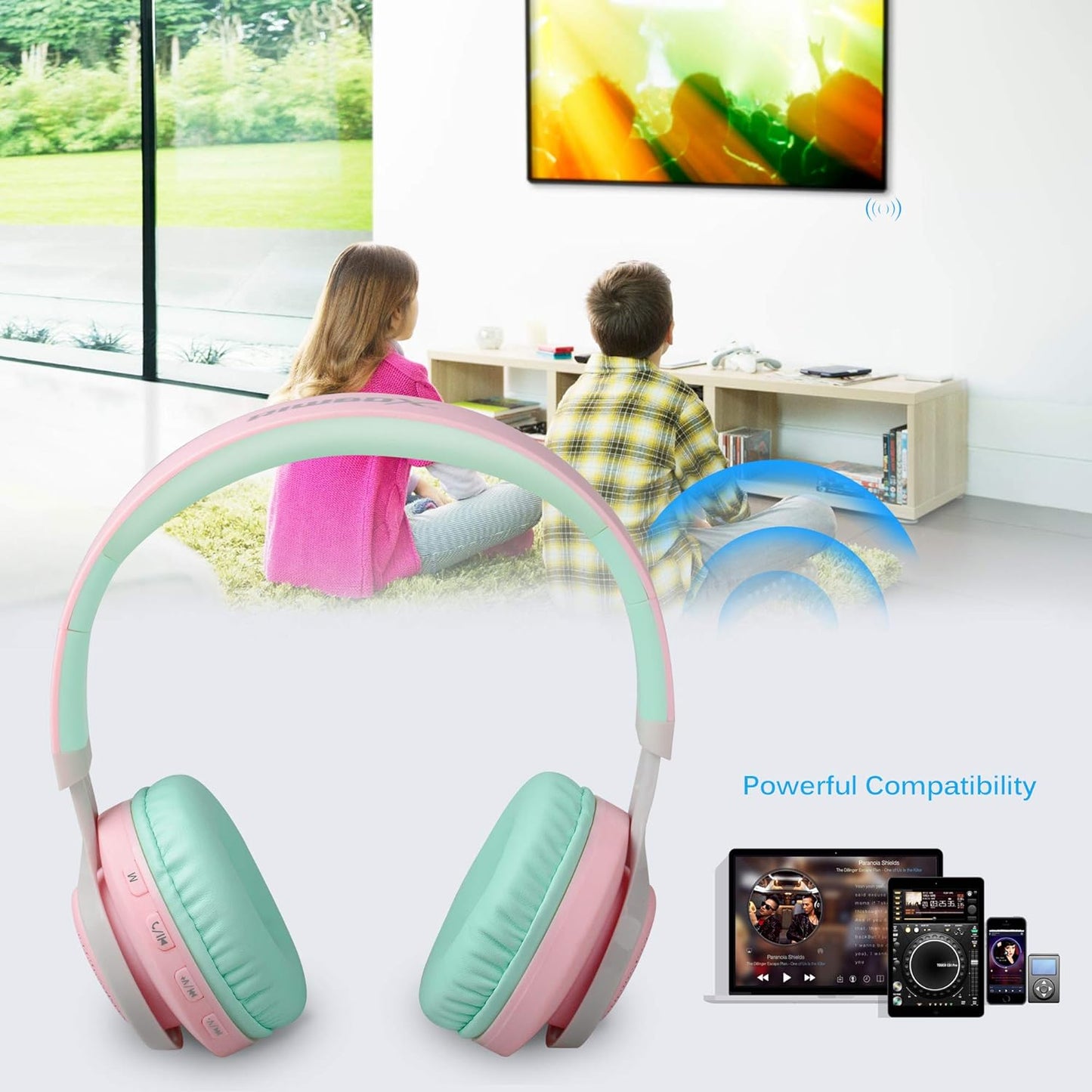 WT-7S Bluetooth Headphones ā Foldable Wireless Stereo Headset with Mic, Volume Control & Light-Up LED, Compatible with PC/Tablet/TV/Travel (Pink & Green)
