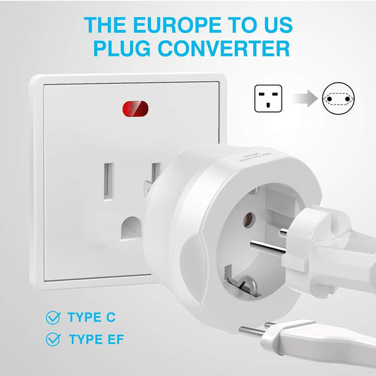 EU to US Plug Adapter (1 Pack) – European to USA Travel Power Converter for Type C, E, F Plugs – Compatible with EU, Spain, France Outlets to American Sockets