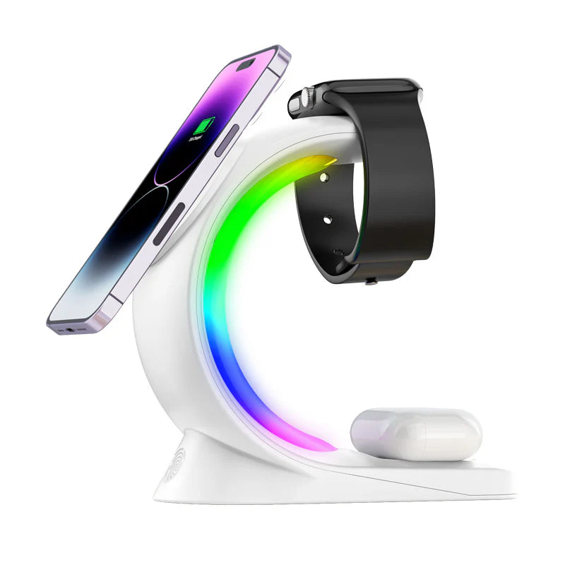 4-in-1 Magnetic Wireless Charging Station with RGB Light β Fast Charger for iPhone, Apple Watch, AirPods Pro & Smartphone
