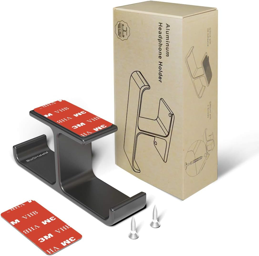 Under-Desk Headphone Hanger Stand โ Aluminum Dual Headset Holder with Strong Adhesive Mount โ Stick-On Hook for All Headphones & Gaming Accessories