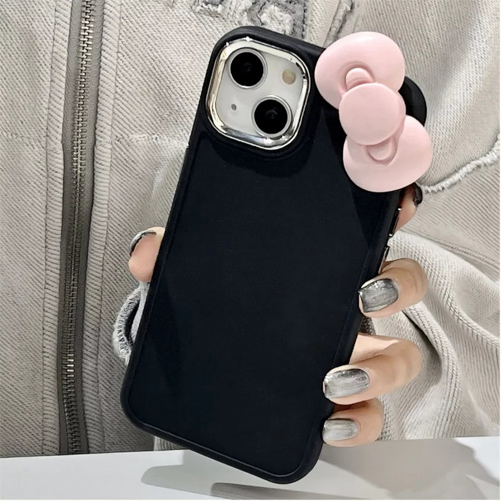Cute 3D Pink Bow Silicone Phone Case for iPhone 15 14 13 12 11 Pro Max X XR – Soft Shockproof Solid Color Protective Cover