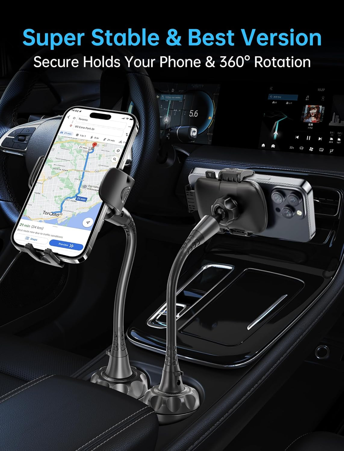 Cup Holder Phone Mount for Car – Upgraded Adjustable Gooseneck, Extra Stable Base, Universal Cell Phone Holder for iPhone 16 & All 4-7" Smartphones (Black)