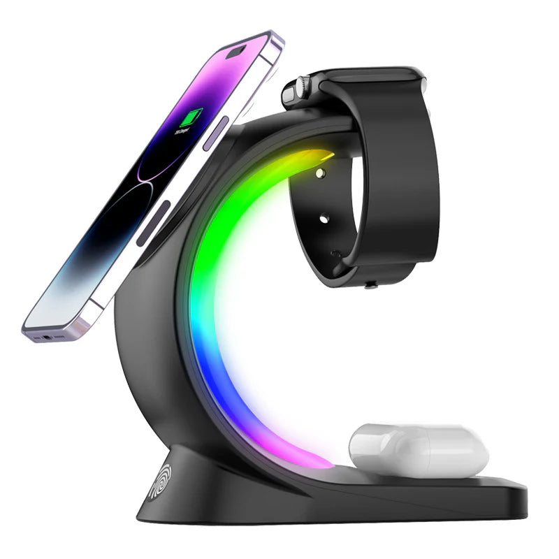4-in-1 Magnetic Wireless Charging Station with Atmosphere Light – Fast Charger for iPhone, Apple Watch & AirPods Pro – Multi-Device Charging Dock