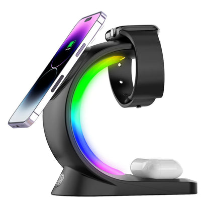 4-in-1 Magnetic Wireless Charging Station with Atmosphere Light – Fast Charger for iPhone, Apple Watch & AirPods Pro – Multi-Device Charging Dock