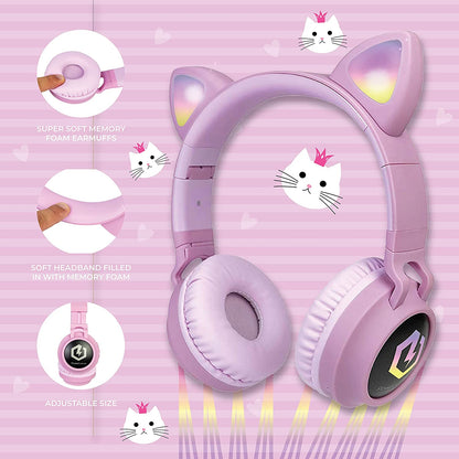 Kids Bluetooth Cat Ear Headphones with LED Lights – Wireless 5.3, Safe Volume Limit, Micro SD/TF Slot, Foldable Over-Ear Headset for iPad, Tablet & Travel (Pink)