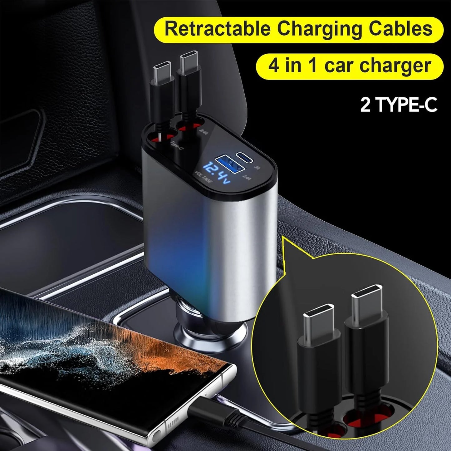 TIKTOK SHOP 4-in-1 Retractable Fast Car Charger 66W – Multi-Cable USB Charger Compatible with iPhone 15/14/13/12/11, Samsung Galaxy & Pixel
