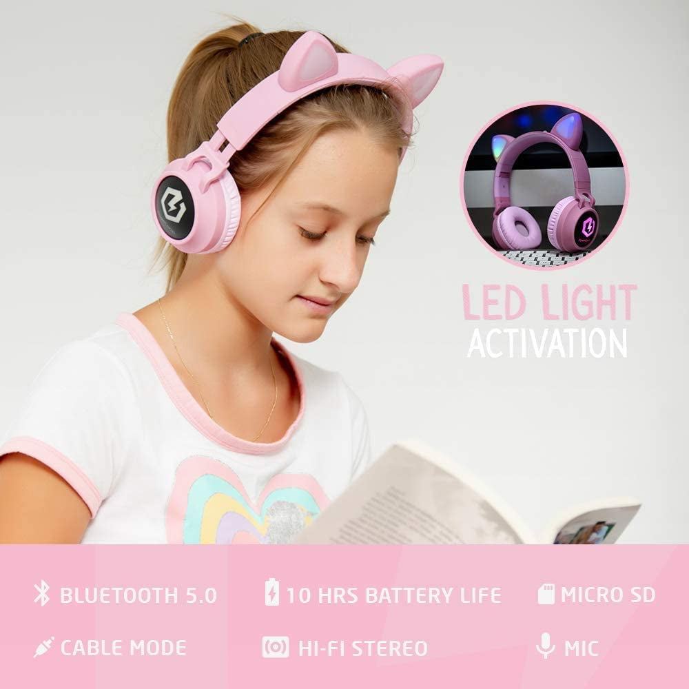 Kids Bluetooth Cat Ear Headphones with LED Lights – Wireless 5.3, Safe Volume Limit, Micro SD/TF Slot, Foldable Over-Ear Headset for iPad, Tablet & Travel (Pink)