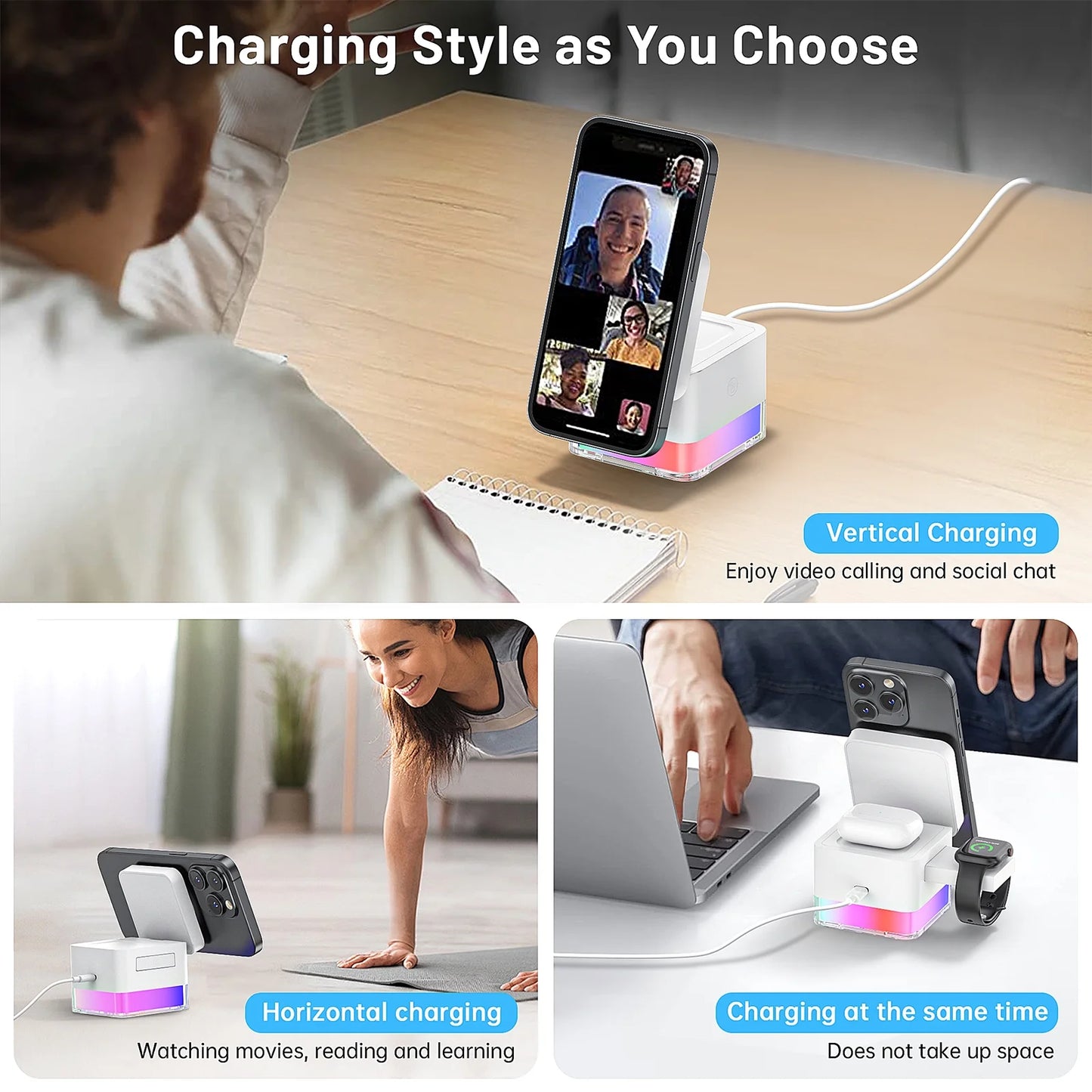 3-in-1 Wireless Charging Station – Fast Charger Stand for iPhone 16/15/14/13/12 Pro/Pro Max, Apple Watch Series 10–2/SE, and AirPods 2/3 – White