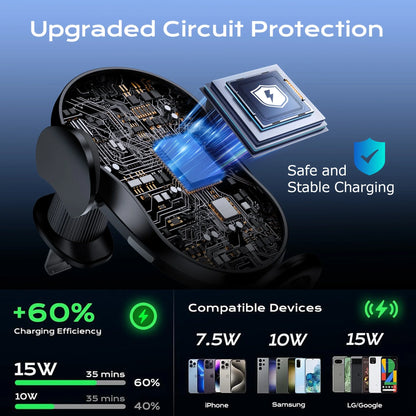 15W Auto-Clamping Wireless Car Charger Mount – Qi Fast Charging Air Vent Phone Holder for iPhone 16/15/14/13/12/11 & Samsung Galaxy S23/S22/S21/S10/S9/S8 Series