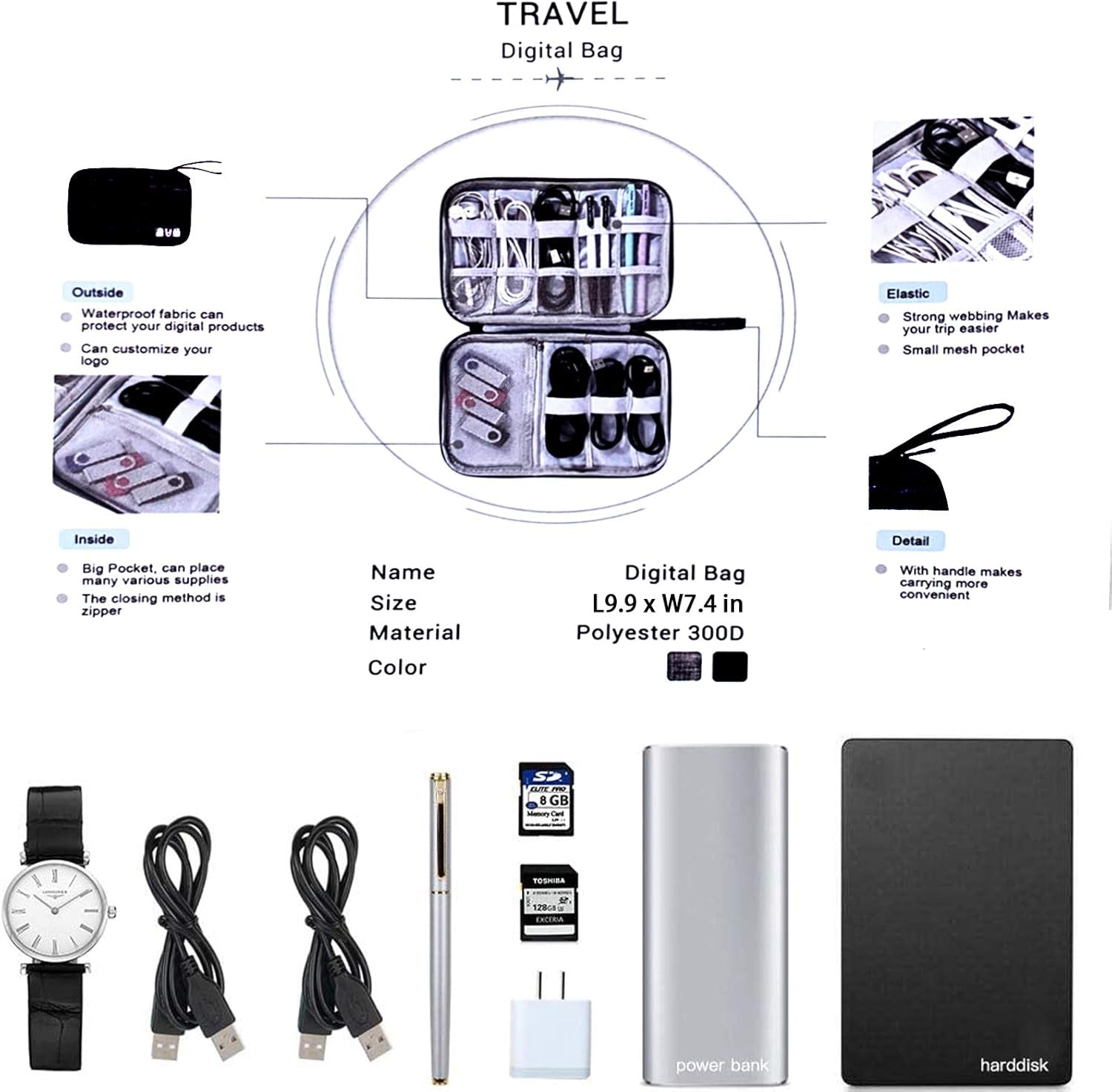 Waterproof Travel Electronic Organizer – Portable Tech Accessories Storage Bag for Cables, Chargers, Hard Drives, SD Cards & More