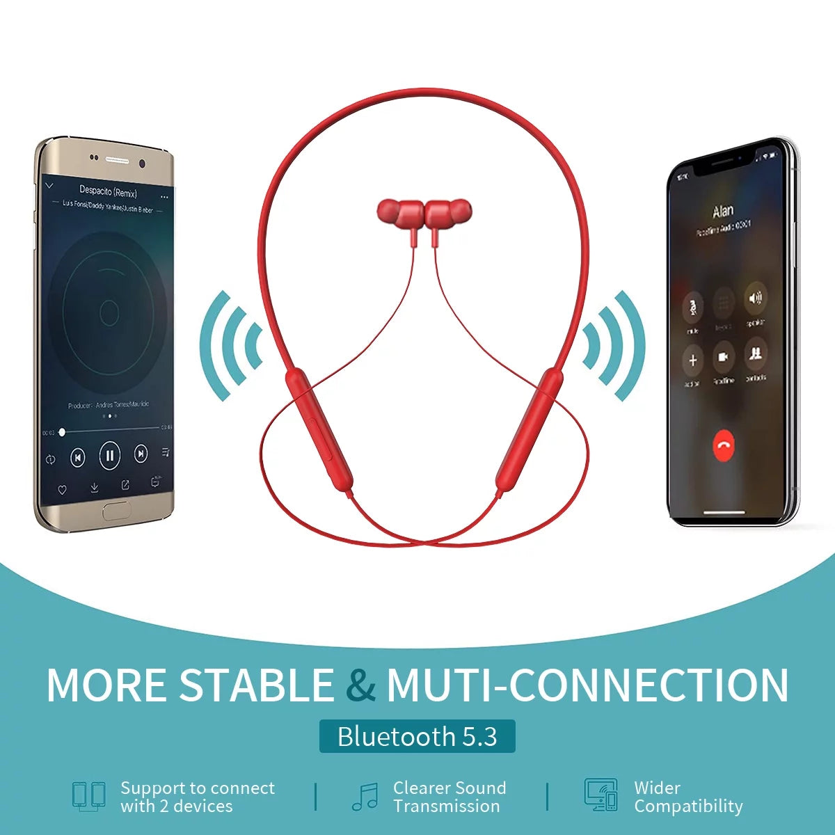 Bluetooth 5.3 Wireless Earbuds, IPX7 Waterproof Sport Headphones with 12H Playtime, Noise Isolating Stereo Sound Earphones for Running, Workout, Gym – Red