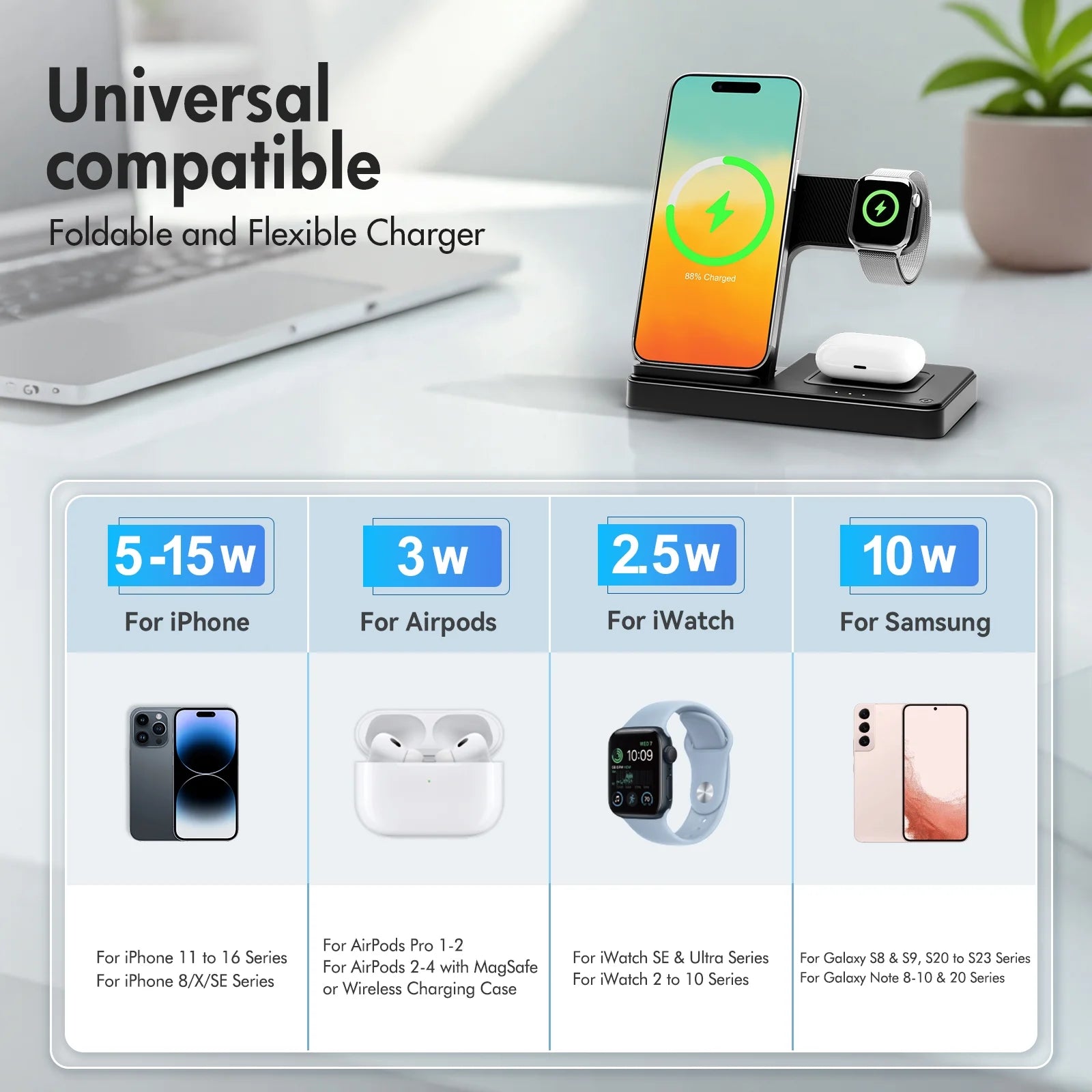 3-in-1 Magnetic Wireless Charging Station – Fast Charger Stand for iPhone 16/15/14/13/12/11 Pro Max, Apple Watch Series 9–SE, and AirPods Pro/3/2