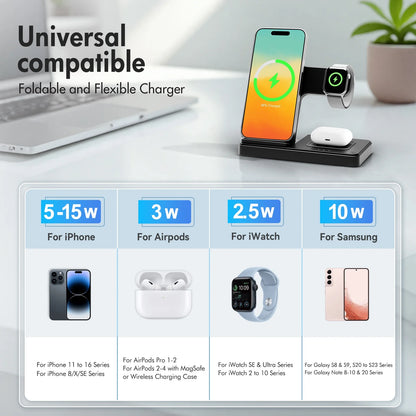 3-in-1 Magnetic Wireless Charging Station – Fast Charger Stand for iPhone 16/15/14/13/12/11 Pro Max, Apple Watch Series 9–SE, and AirPods Pro/3/2