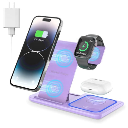 3-in-1 Wireless Charging Station for iPhone 16–11 Pro Max, Apple Watch 10–3, AirPods 4/3/2/Pro – Fast 18W Charging Dock for iPhone & Samsung Galaxy S26/S25/S23 – Purple