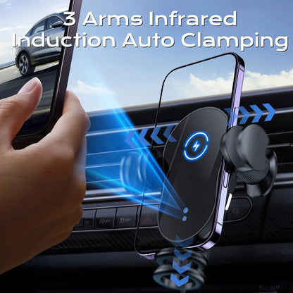 15W Auto-Clamping Wireless Car Charger Mount – Qi Fast Charging Air Vent Phone Holder for iPhone 16/15/14/13/12/11 & Samsung Galaxy S23/S22/S21/S10/S9/S8 Series