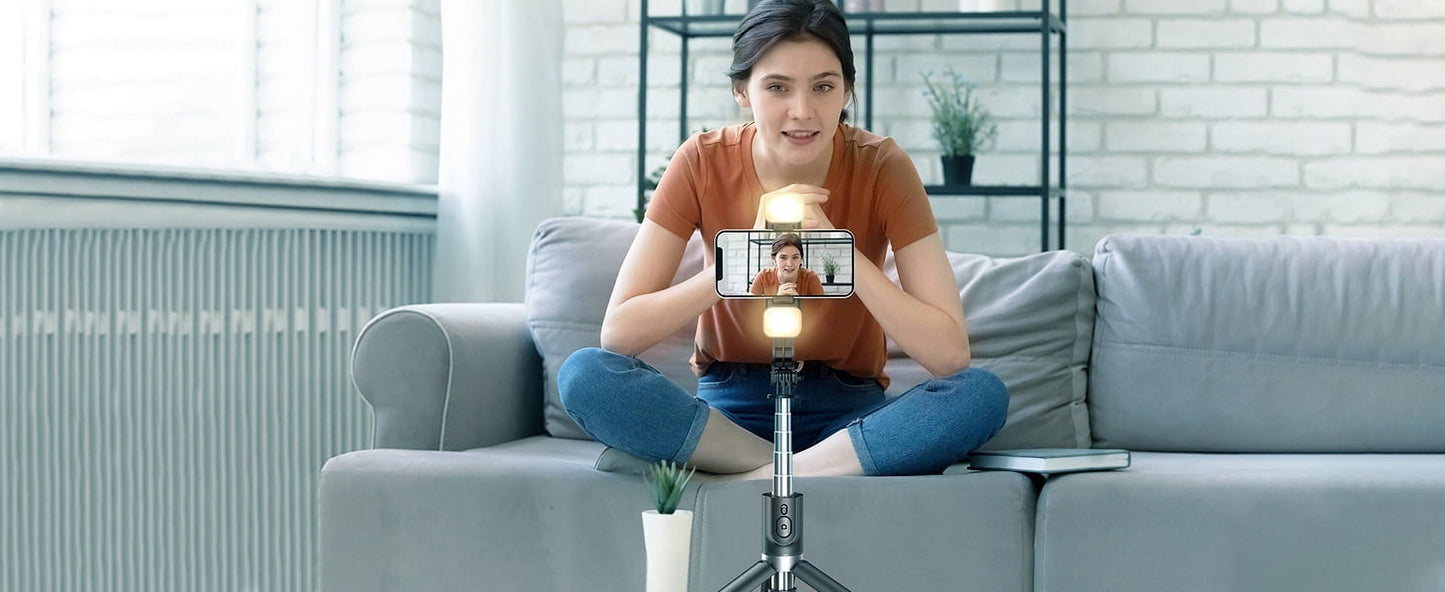 Selfie Stick Tripod with Light & Wireless Remote, 27" Extendable Phone Tripod Stand, Portable Selfie Stick Compatible with iPhone 15 Pro Max/15/14/13, Samsung Galaxy & Android Smartphones