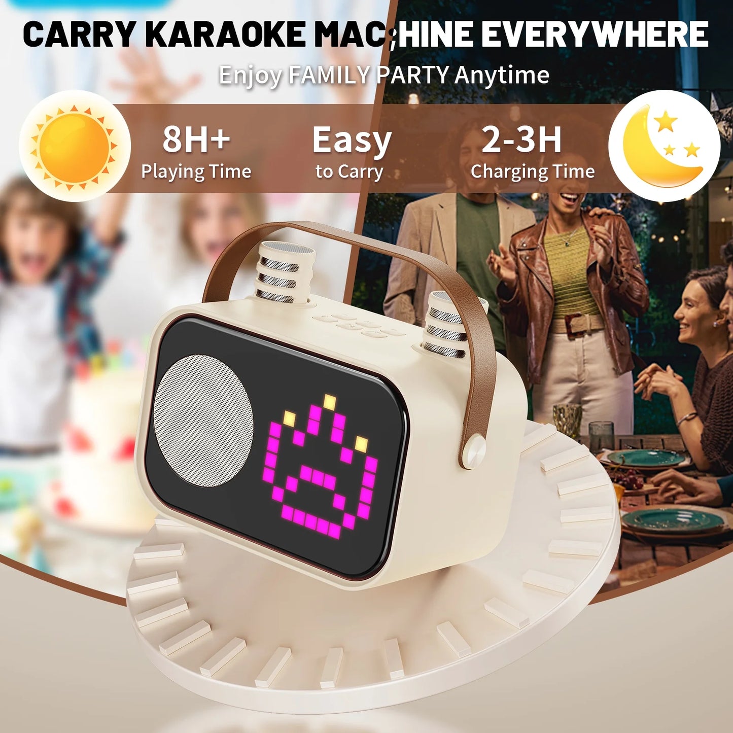 Mini Karaoke Machine with 15 Animated Display Modes & 4 Fun Magic Voice Effects – Portable Beige Karaoke Speaker for Parties & Fun