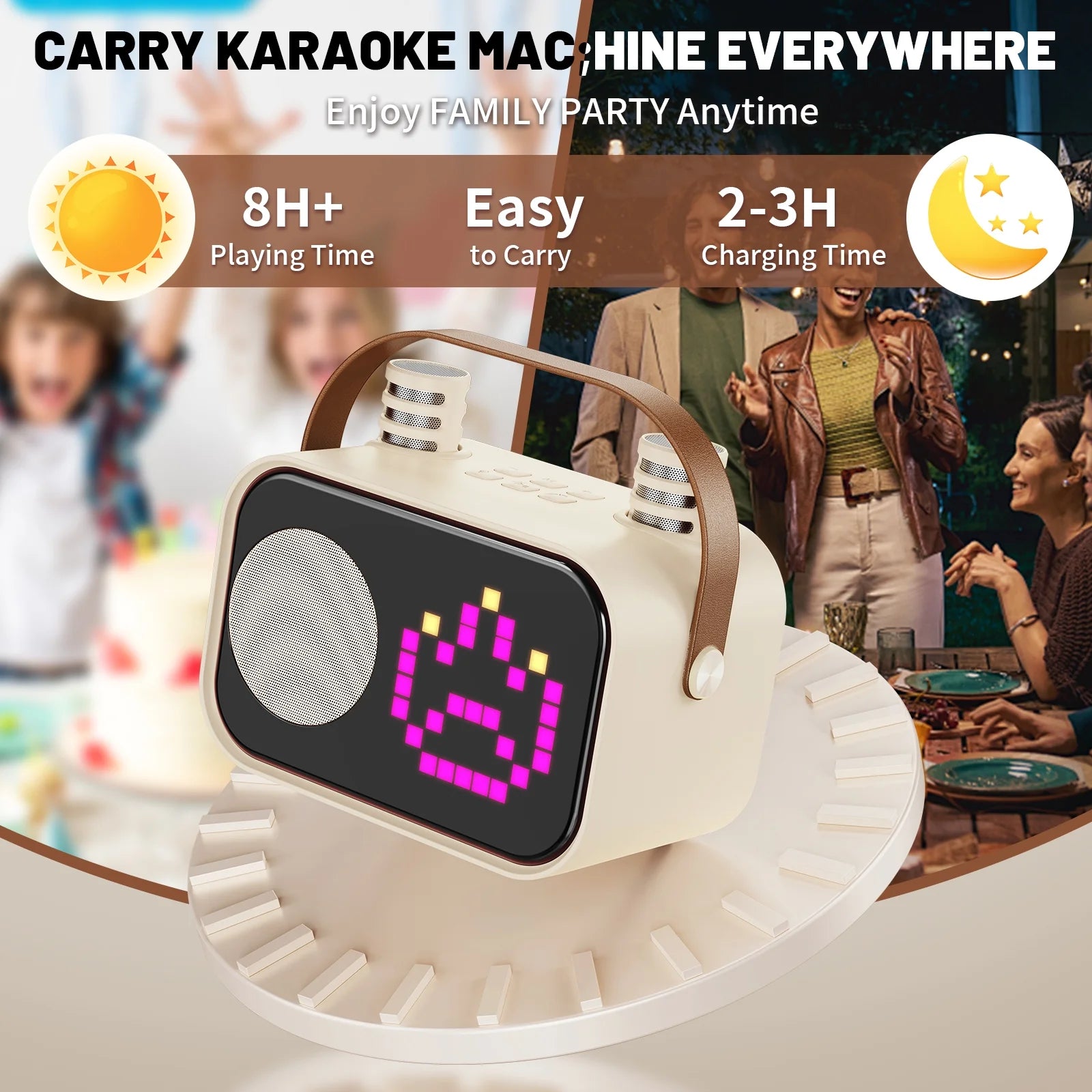 Mini Karaoke Machine with 15 Animated Display Modes & 4 Fun Magic Voice Effects – Portable Beige Karaoke Speaker for Parties & Fun