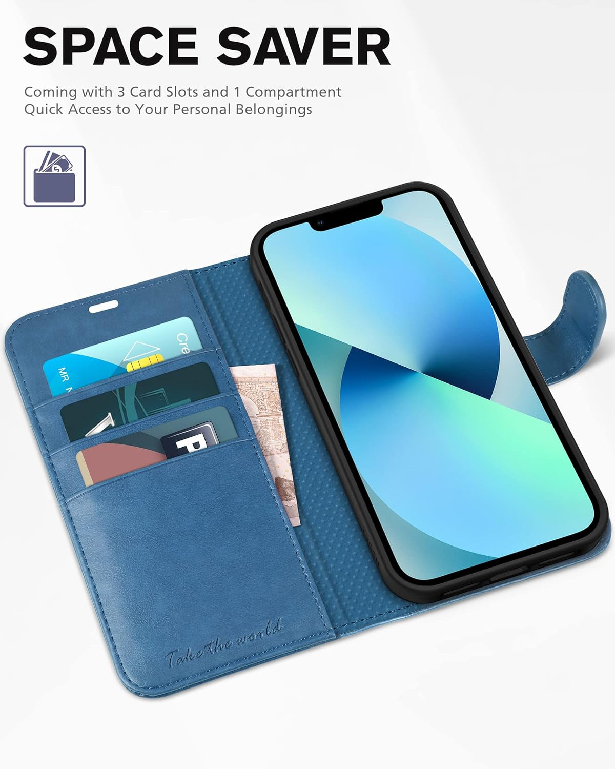 Wallet Case for iPhone 13 5G – RFID Blocking Card Holder | Protective TPU Interior | Magnetic PU Leather Folio Stand Flip Cover | Compatible with iPhone 13 6.1" (2021) – Lake Blue