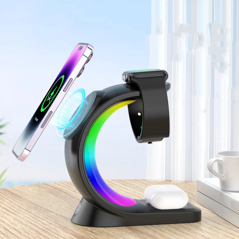 4-in-1 Magnetic Wireless Charging Station with RGB Light – Fast Charger for iPhone, Apple Watch, AirPods Pro & Smartphone