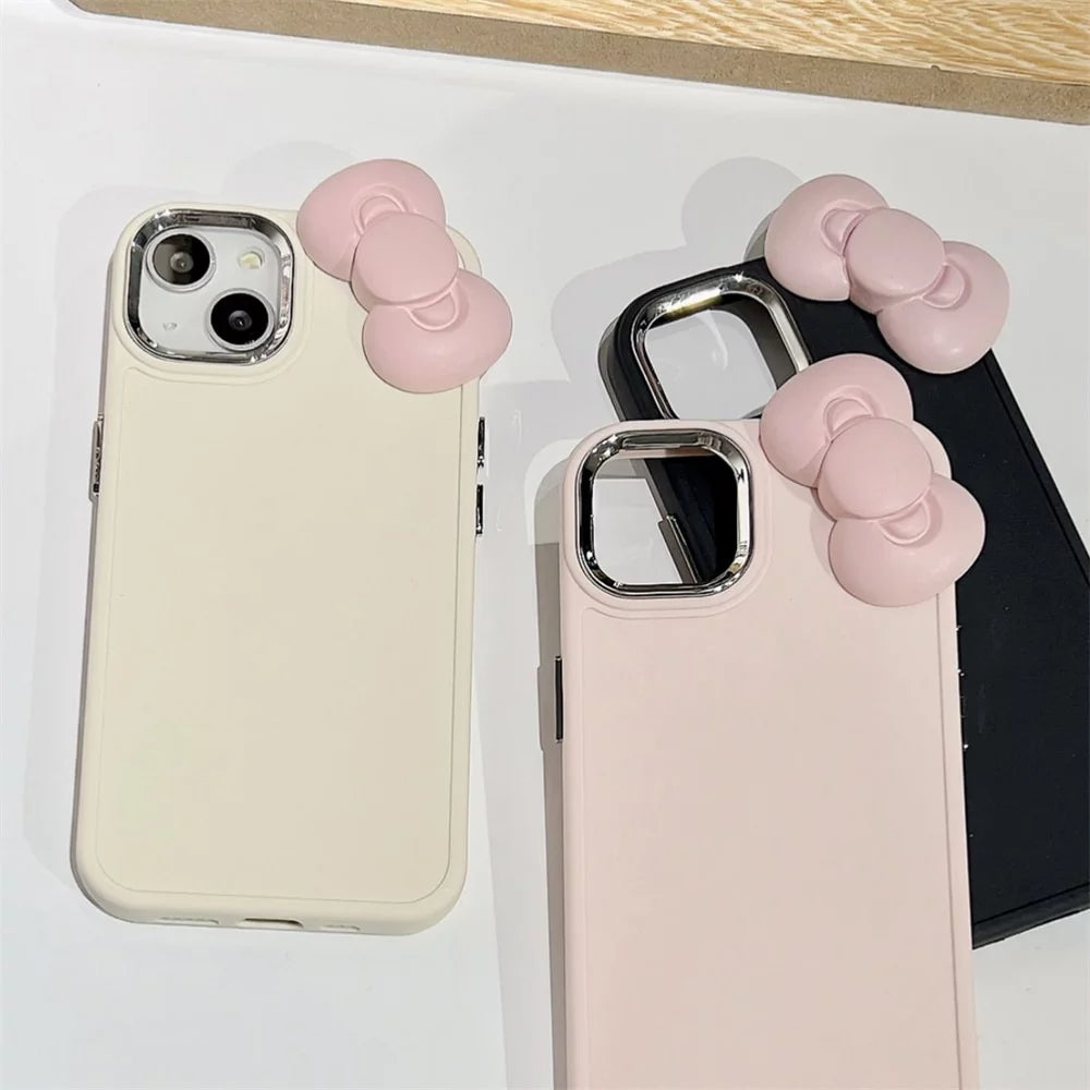 Cute 3D Pink Bow Silicone Phone Case for iPhone 15 14 13 12 11 Pro Max X XR – Soft Shockproof Solid Color Protective Cover