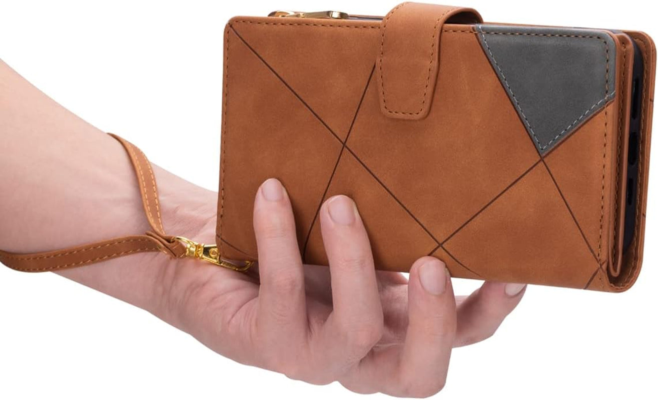 Premium PU Leather Wallet Case for iPhone SE 2022 (SE3) / SE 2020 (SE2) / iPhone 7 / iPhone 8 – Magnetic Flip Cover with Card Slots, Zipper Pocket, Kickstand & Hand Strap – Brown