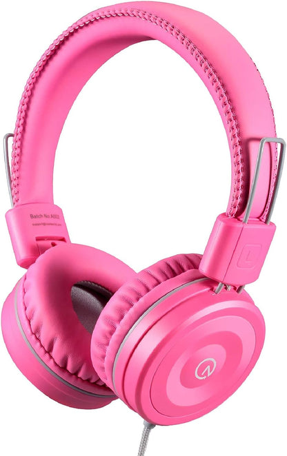 Kids Wired Headphones K22 – Foldable On-Ear Headset with 5ft Tangle-Free Cord, 3.5mm Jack, Stereo Sound – Compatible with iPad, Kindle Fire, Laptop, Tablet, School & Travel – Flamingo Pink