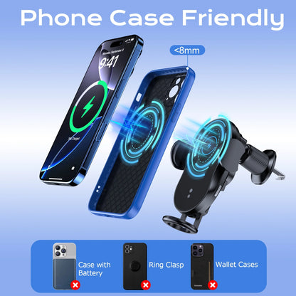 15W Auto-Clamping Wireless Car Charger Mount – Qi Fast Charging Air Vent Phone Holder for iPhone 16/15/14/13/12/11 & Samsung Galaxy S23/S22/S21/S10/S9/S8 Series