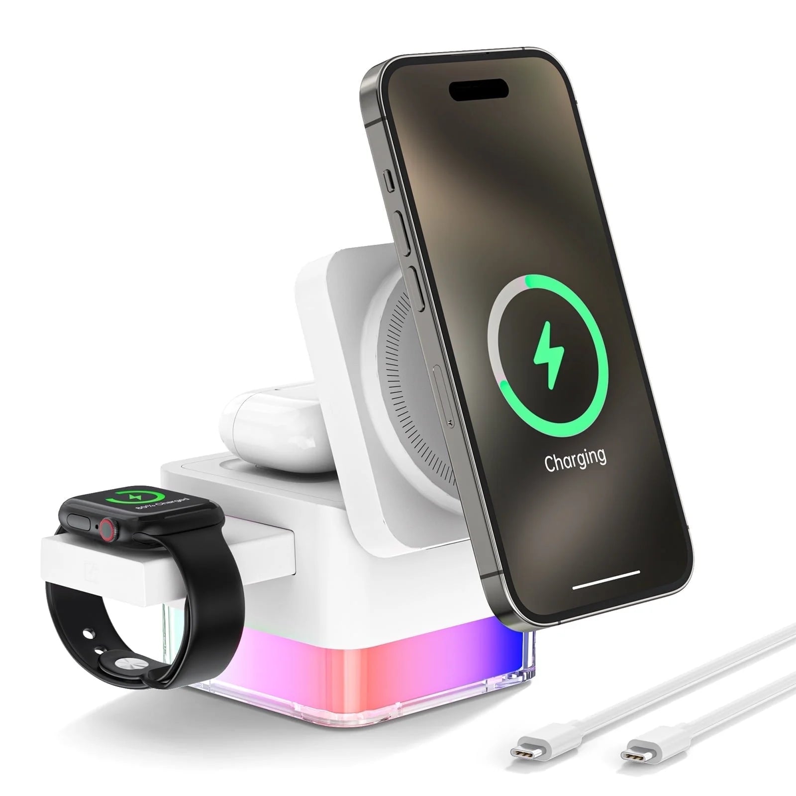 3-in-1 Wireless Charging Station – Fast Charger Stand for iPhone 16/15/14/13/12 Pro/Pro Max, Apple Watch Series 10–2/SE, and AirPods 2/3 – White