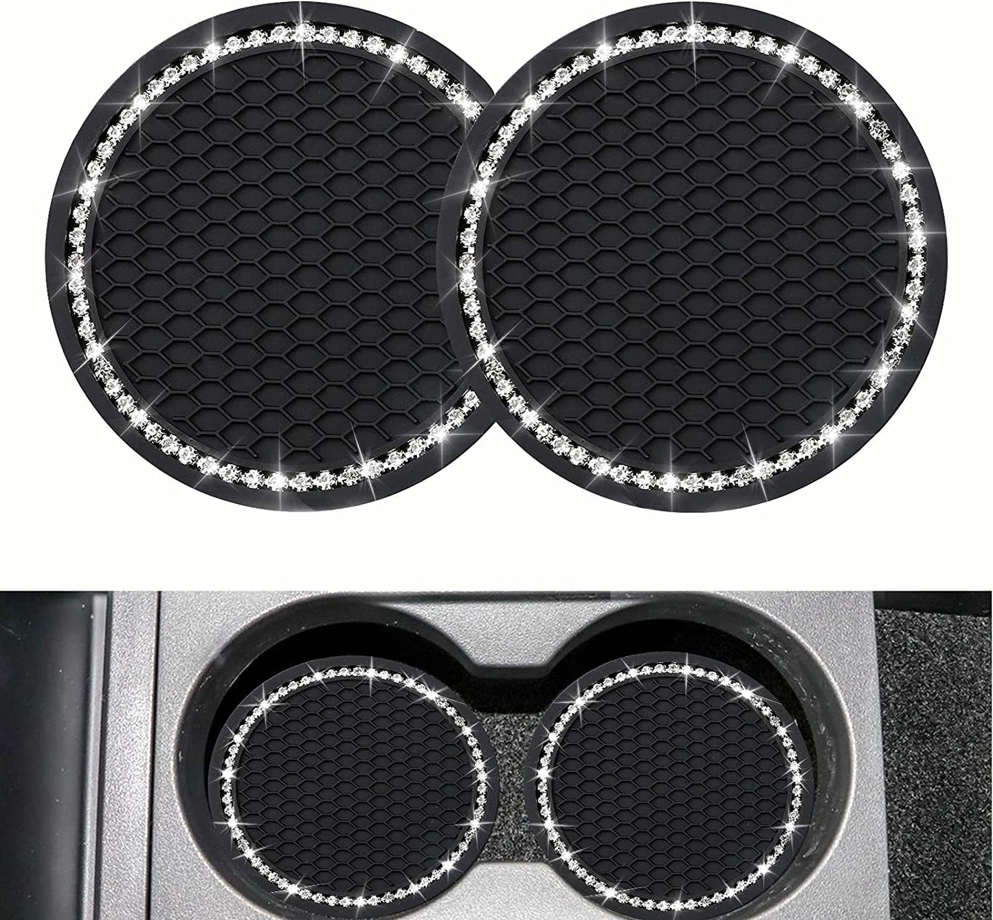 2-Pack Bling Car Cup Coasters – 2.75” Universal Rhinestone Anti-Slip Silicone Inserts, Stylish Car Interior Accessories, Perfect Gift for Women, Black