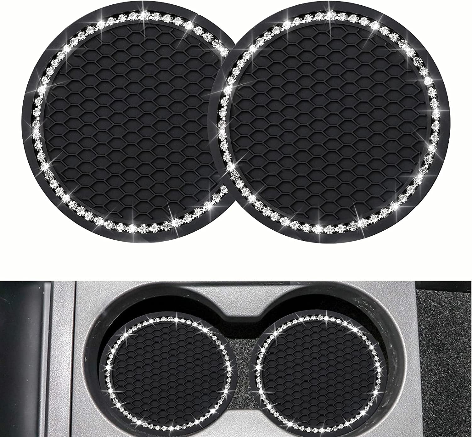 2-Pack Bling Car Cup Coasters – 2.75” Universal Rhinestone Anti-Slip Silicone Inserts, Stylish Car Interior Accessories, Perfect Gift for Women, Black