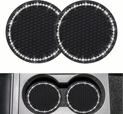 2-Pack Bling Car Cup Coasters – 2.75” Universal Rhinestone Anti-Slip Silicone Inserts, Stylish Car Interior Accessories, Perfect Gift for Women, Black