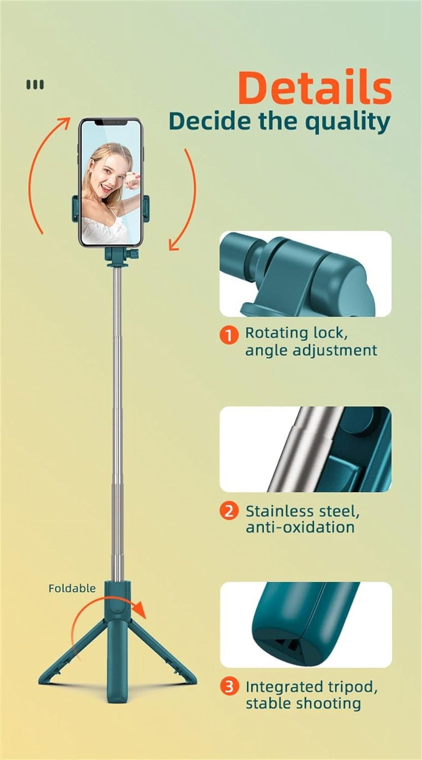 3-in-1 Selfie Stick Tripod with Detachable Wireless Remote, 360° Rotatable Extendable Stand & Portable Phone Holder with LED Light — Compatible with iPhone, Android, Samsung (White + Light)