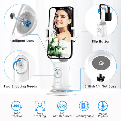 Auto Face Tracking Tripod with 360° Rotation – No App Needed, Gesture Control Phone & Camera Mount, Rechargeable Battery for Vlogging, Streaming, TikTok & Video Recording