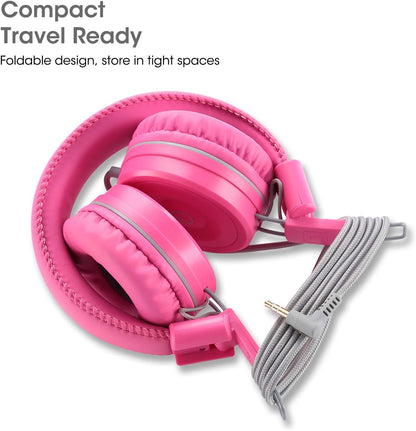 Kids Wired Headphones K22 – Foldable On-Ear Headset with 5ft Tangle-Free Cord, 3.5mm Jack, Stereo Sound – Compatible with iPad, Kindle Fire, Laptop, Tablet, School & Travel – Flamingo Pink