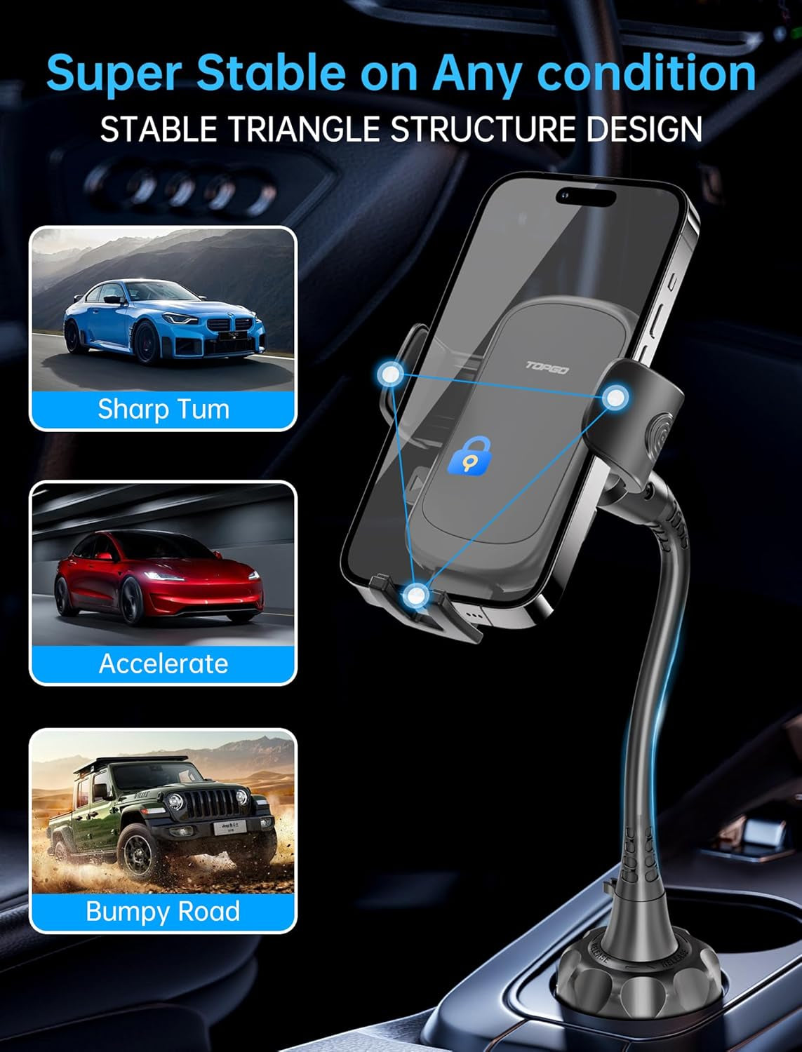 Cup Holder Phone Mount for Car – Upgraded Adjustable Gooseneck, Extra Stable Base, Universal Cell Phone Holder for iPhone 16 & All 4-7" Smartphones (Black)