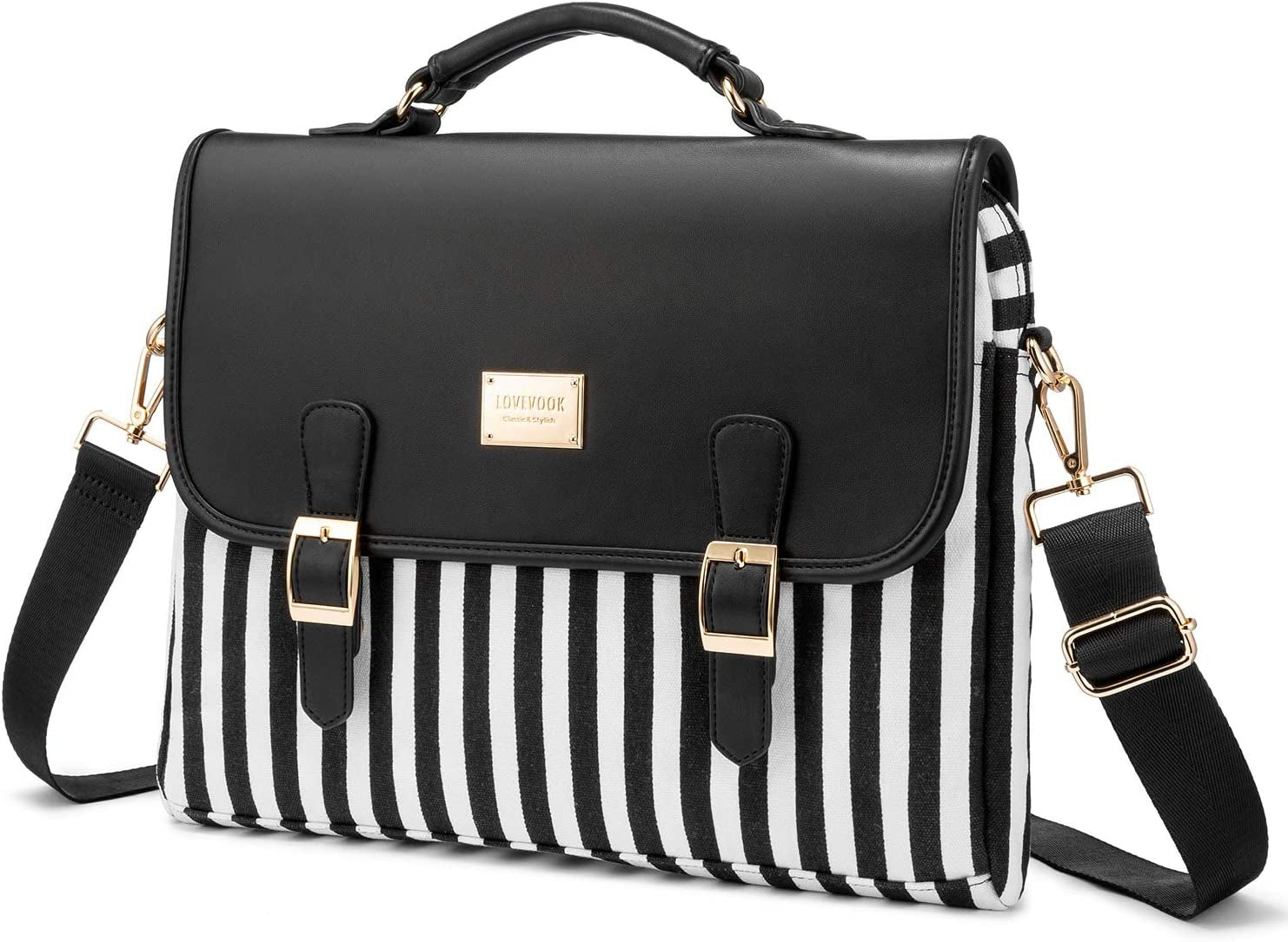 Stylish Laptop Bag for Women – 14-Inch Computer Messenger Shoulder Bag for Work, School, or College – Black Stripe Design