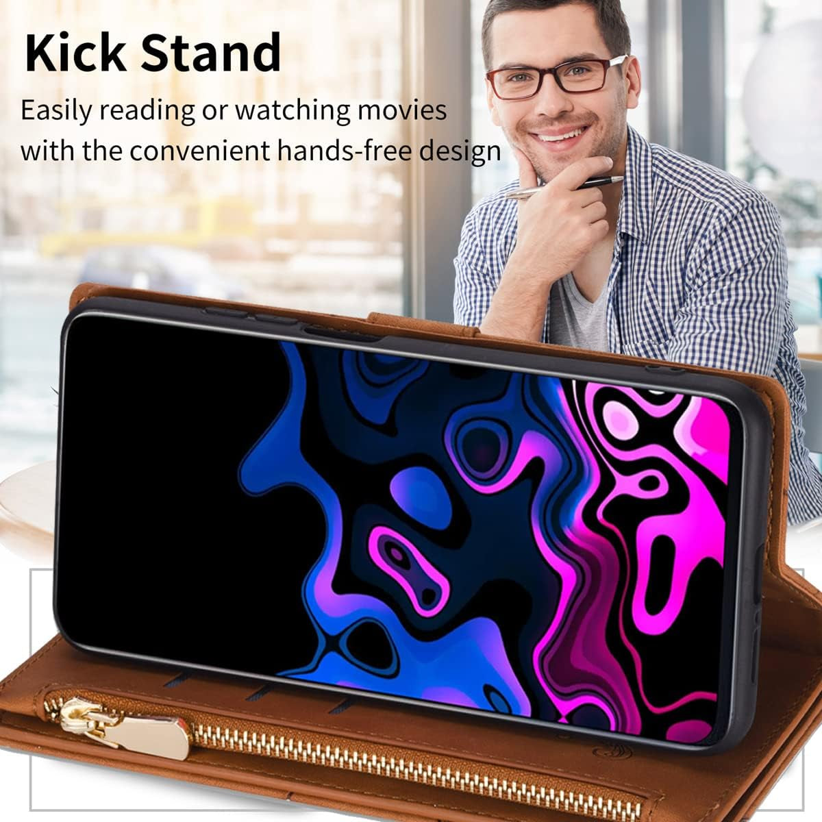 Premium PU Leather Wallet Case for iPhone SE 2022 (SE3) / SE 2020 (SE2) / iPhone 7 / iPhone 8 – Magnetic Flip Cover with Card Slots, Zipper Pocket, Kickstand & Hand Strap – Brown