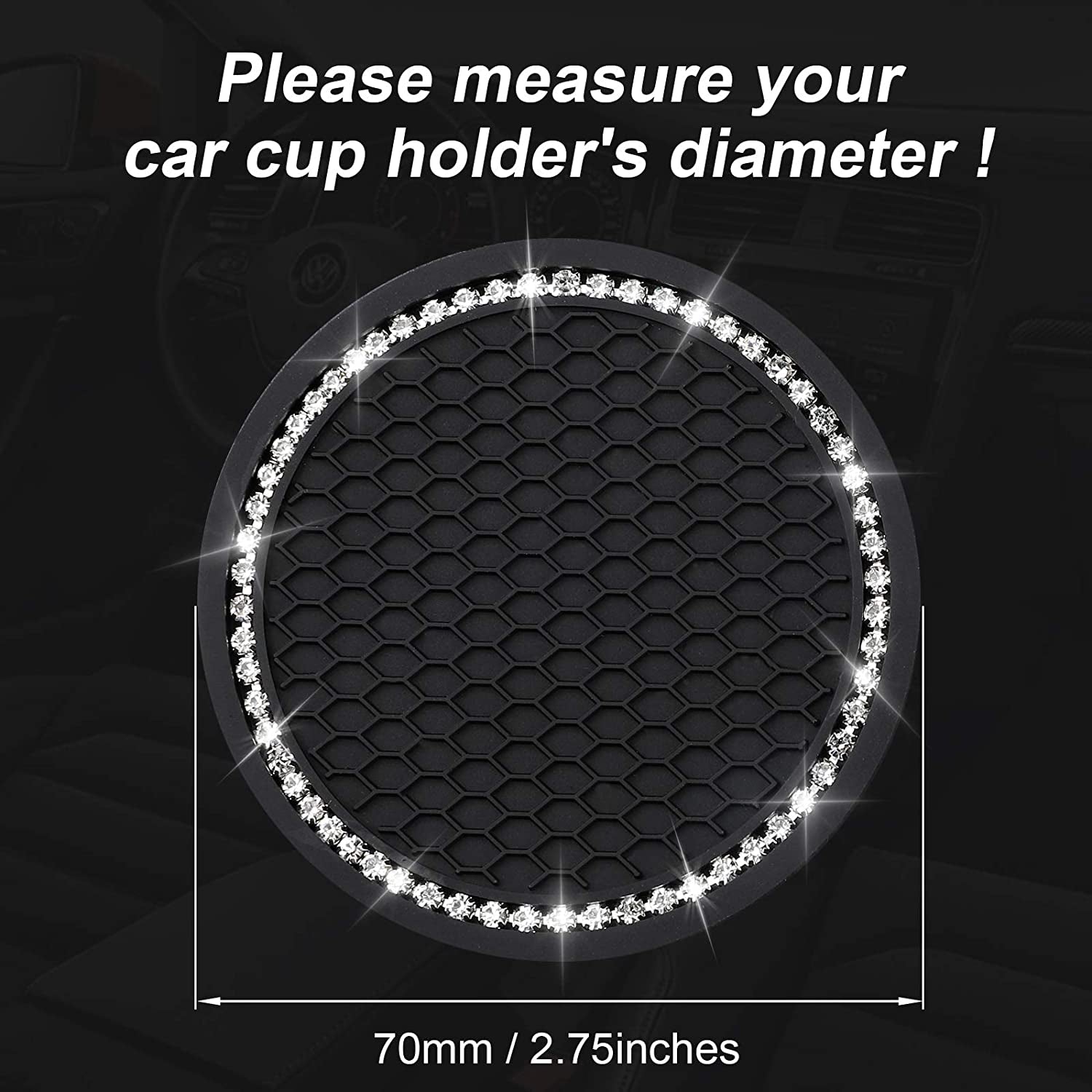2-Pack Bling Car Cup Coasters – 2.75” Universal Rhinestone Anti-Slip Silicone Inserts, Stylish Car Interior Accessories, Perfect Gift for Women, Black