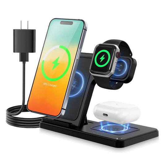 3-in-1 Magnetic Wireless Charging Station – Fast Charger Stand for iPhone 16/15/14/13/12/11 Pro Max, Apple Watch Series 9–SE, and AirPods Pro/3/2