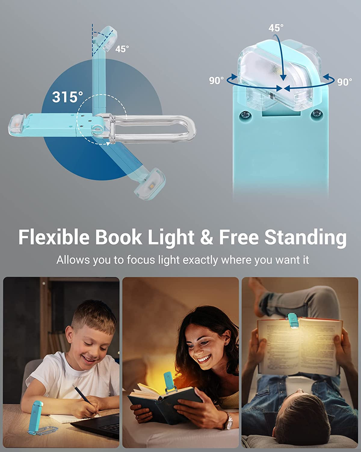 USB Rechargeable Book Light with Clip – Warm White LED, Adjustable Brightness, Sleep Aid Reading Lamp for Bed & Travel (Blue)