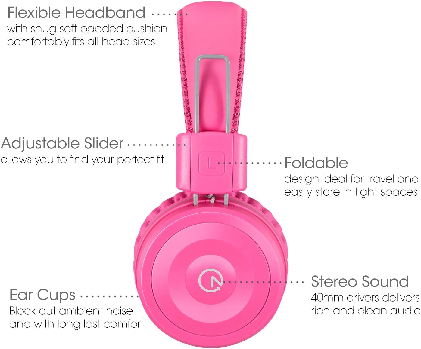 Kids Wired Headphones K22 – Foldable On-Ear Headset with 5ft Tangle-Free Cord, 3.5mm Jack, Stereo Sound – Compatible with iPad, Kindle Fire, Laptop, Tablet, School & Travel – Flamingo Pink