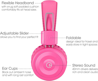 Kids Wired Headphones K22 – Foldable On-Ear Headset with 5ft Tangle-Free Cord, 3.5mm Jack, Stereo Sound – Compatible with iPad, Kindle Fire, Laptop, Tablet, School & Travel – Flamingo Pink