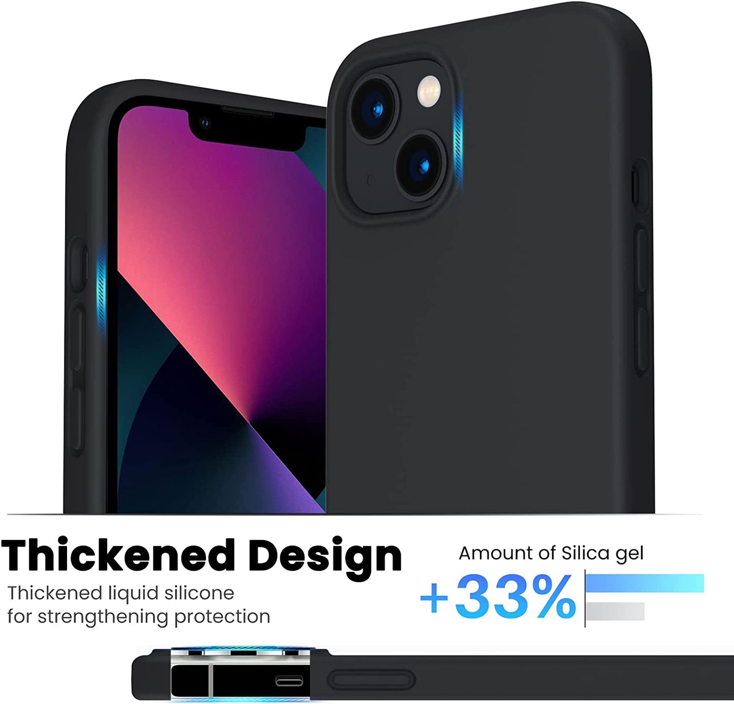 Shockproof Liquid Silicone Case for iPhone 13, Soft Gel Rubber Anti-Drop Cover with Full Body Protection – 6.1 Inch, Black