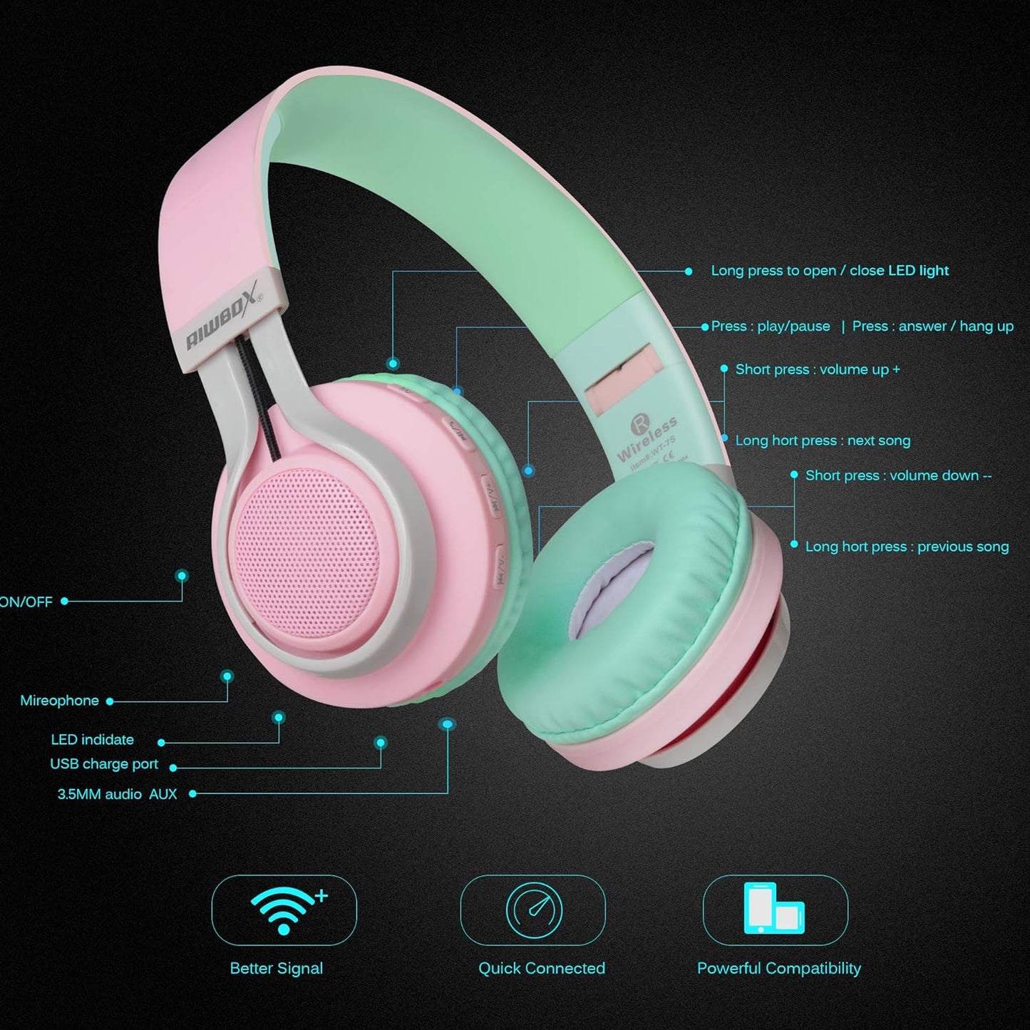 WT-7S Bluetooth Headphones – Foldable Wireless Stereo Headset with Mic, Volume Control & Light-Up LED, Compatible with PC/Tablet/TV/Travel (Pink & Green)