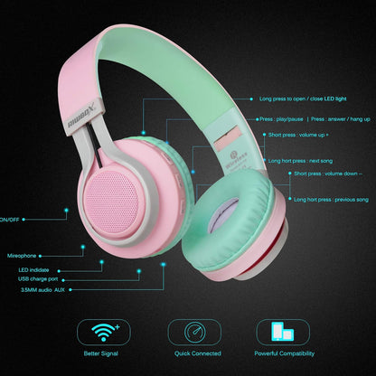 WT-7S Bluetooth Headphones – Foldable Wireless Stereo Headset with Mic, Volume Control & Light-Up LED, Compatible with PC/Tablet/TV/Travel (Pink & Green)