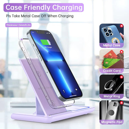 3-in-1 Wireless Charging Station for iPhone 16–11 Pro Max, Apple Watch 10–3, AirPods 4/3/2/Pro – Fast 18W Charging Dock for iPhone & Samsung Galaxy S26/S25/S23 – Purple
